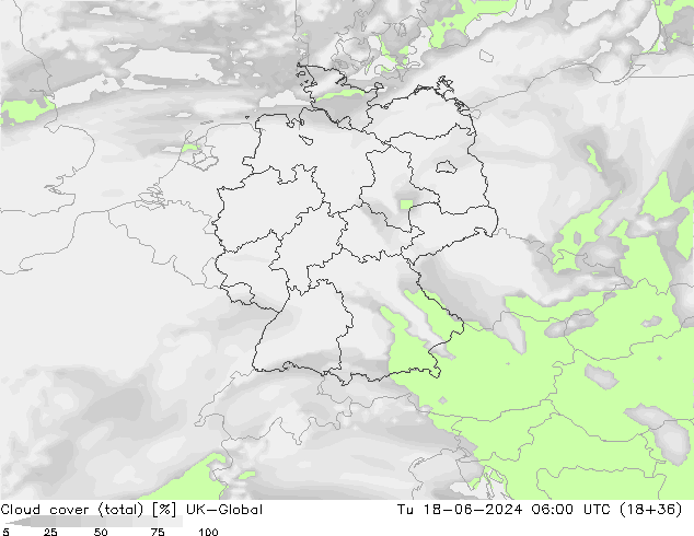 Cloud cover (total) UK-Global Tu 18.06.2024 06 UTC