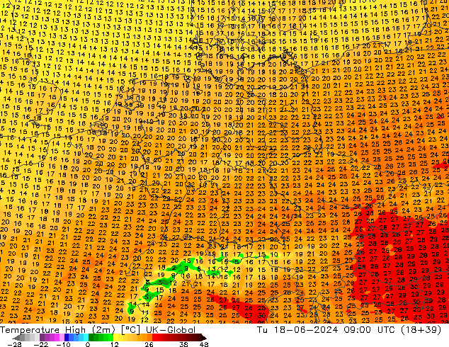 Temp. massima (2m) UK-Global mar 18.06.2024 09 UTC