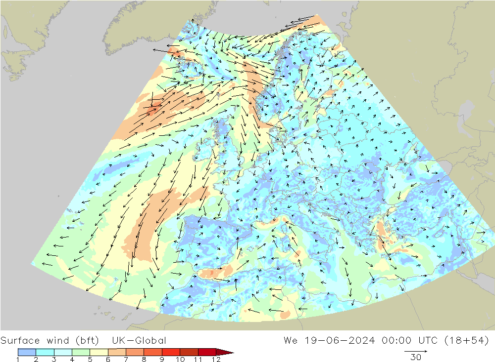 Vento 10 m (bft) UK-Global mer 19.06.2024 00 UTC