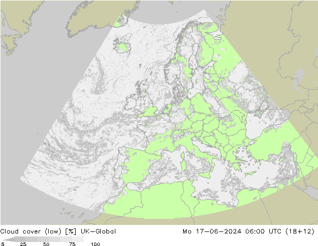 Cloud cover (low) UK-Global Mo 17.06.2024 06 UTC