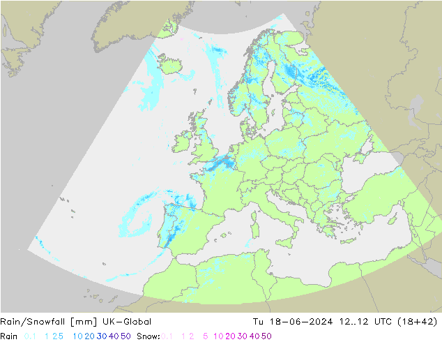 Rain/Snowfall UK-Global Tu 18.06.2024 12 UTC