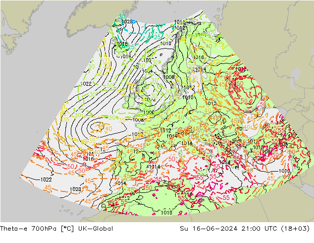 Theta-e 700hPa UK-Global dim 16.06.2024 21 UTC