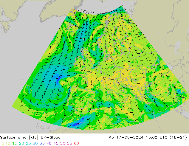 wiatr 10 m UK-Global pon. 17.06.2024 15 UTC