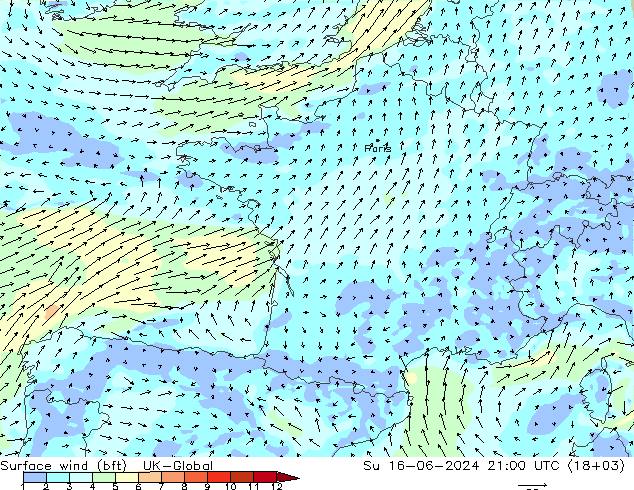 Surface wind (bft) UK-Global Su 16.06.2024 21 UTC