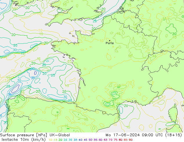 Isotachs (kph) UK-Global Mo 17.06.2024 09 UTC