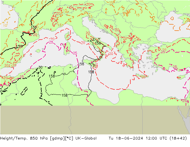 Height/Temp. 850 гПа UK-Global вт 18.06.2024 12 UTC
