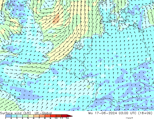 Surface wind (bft) UK-Global Mo 17.06.2024 03 UTC
