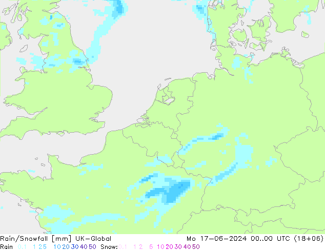 Rain/Snowfall UK-Global pon. 17.06.2024 00 UTC