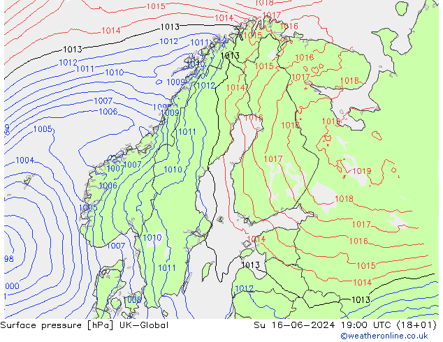 Atmosférický tlak UK-Global Ne 16.06.2024 19 UTC