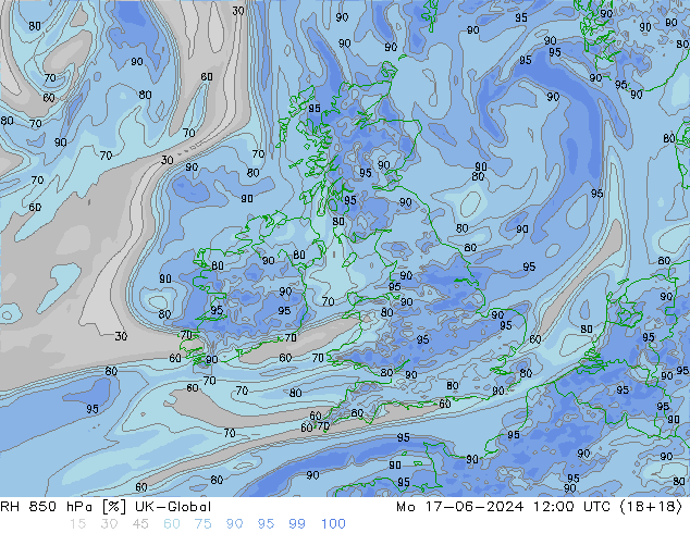Humidité rel. 850 hPa UK-Global lun 17.06.2024 12 UTC