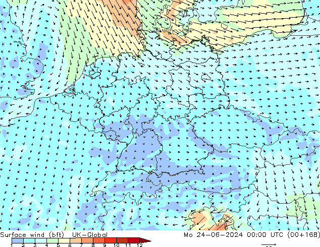 Surface wind (bft) UK-Global Po 24.06.2024 00 UTC