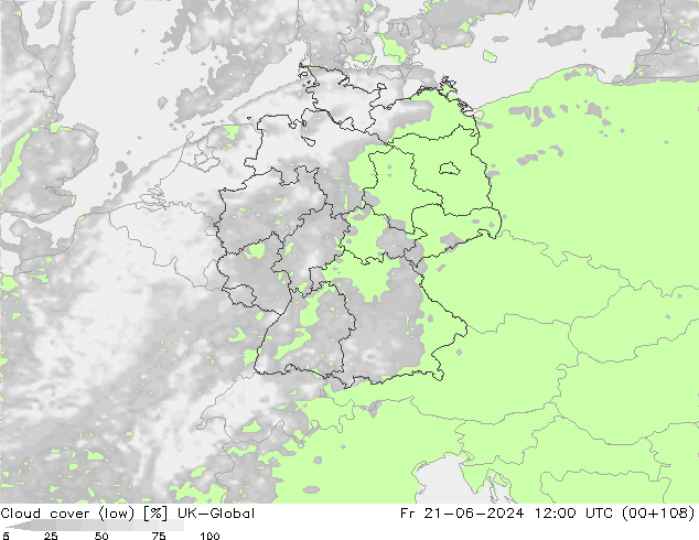 Cloud cover (low) UK-Global Fr 21.06.2024 12 UTC