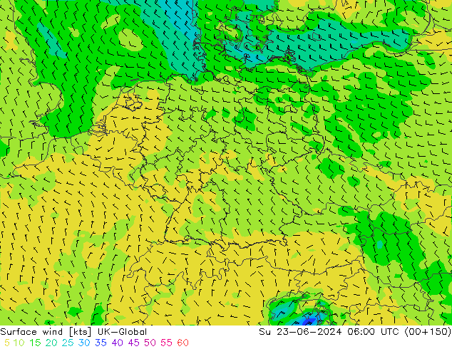 Surface wind UK-Global Ne 23.06.2024 06 UTC