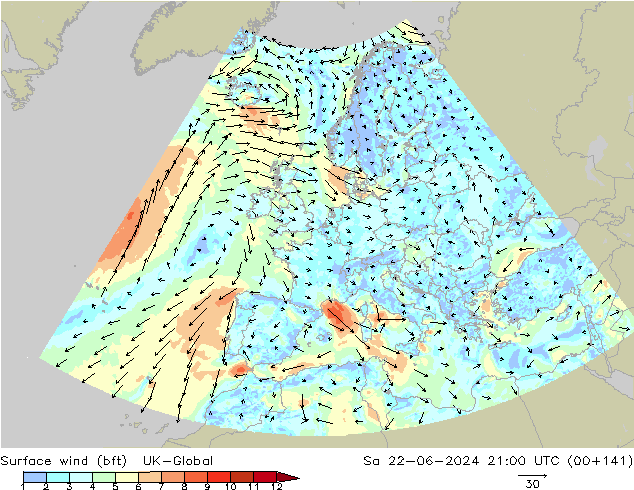Surface wind (bft) UK-Global Sa 22.06.2024 21 UTC