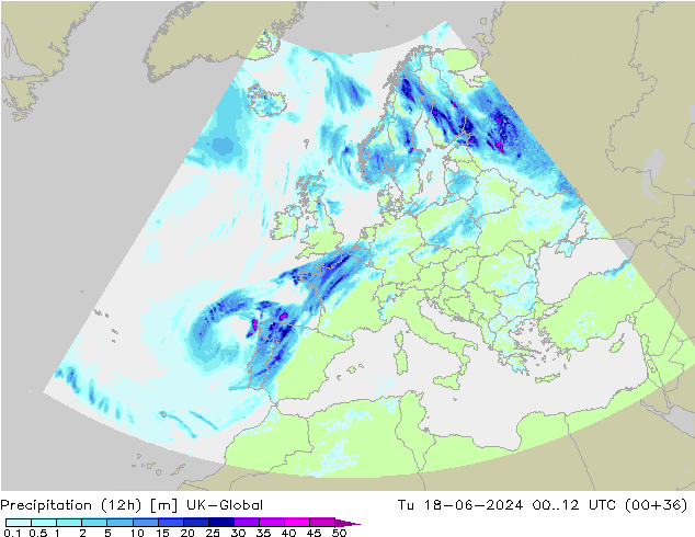 Precipitation (12h) UK-Global Tu 18.06.2024 12 UTC