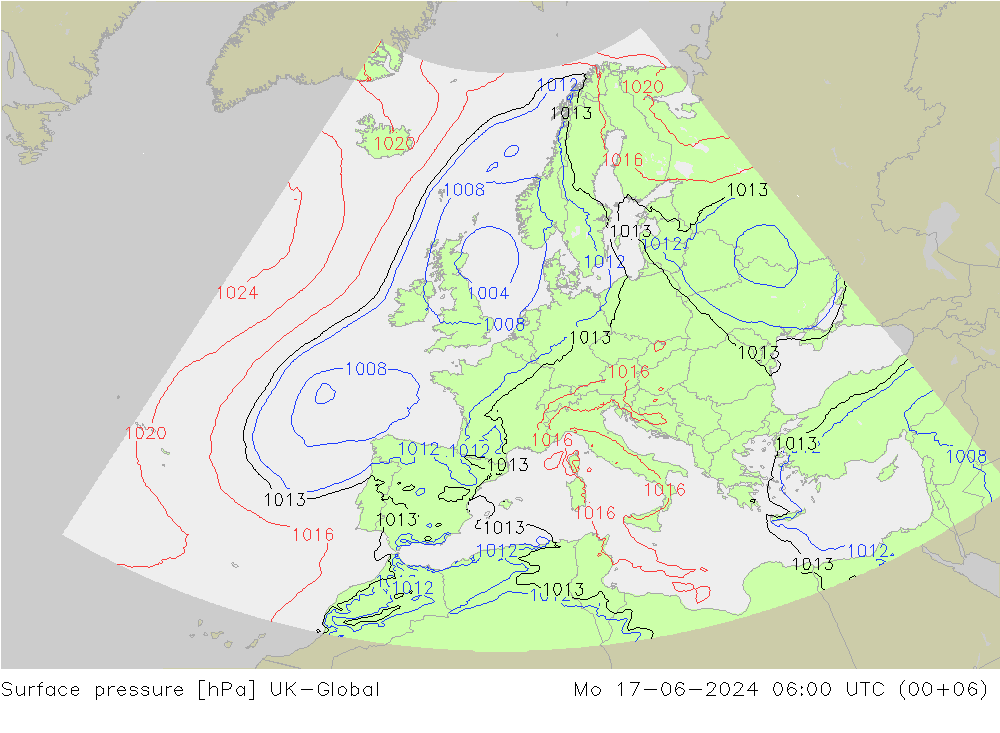 Surface pressure UK-Global Mo 17.06.2024 06 UTC