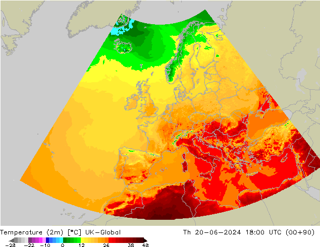 mapa temperatury (2m) UK-Global czw. 20.06.2024 18 UTC