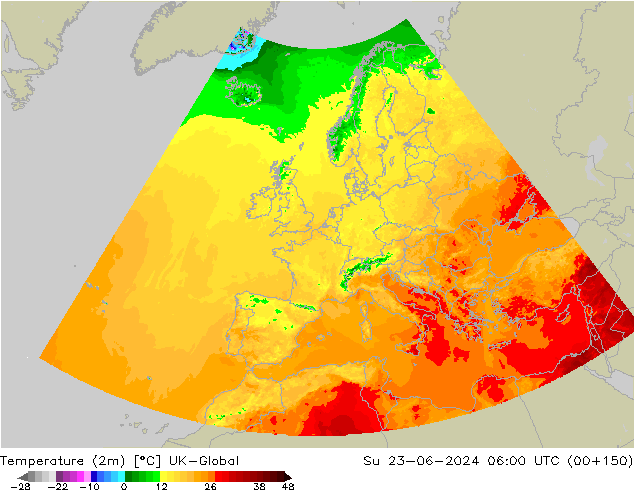 température (2m) UK-Global dim 23.06.2024 06 UTC