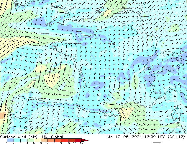 Surface wind (bft) UK-Global Mo 17.06.2024 12 UTC
