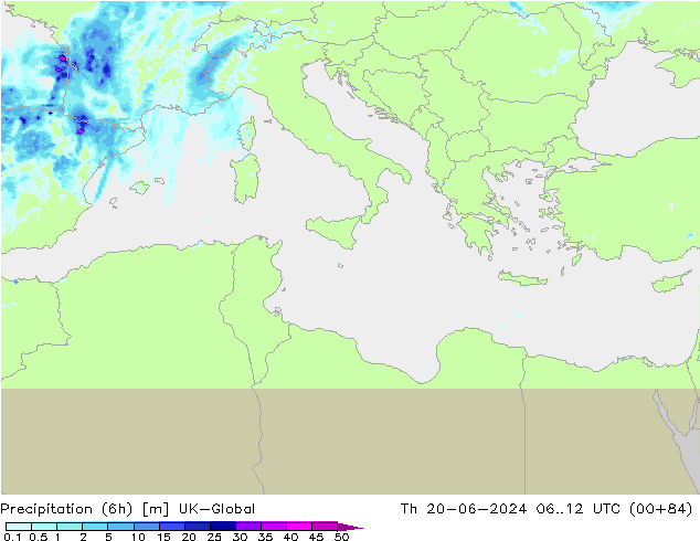 Precipitazione (6h) UK-Global gio 20.06.2024 12 UTC