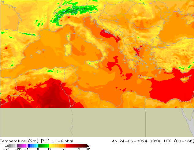 Temperatura (2m) UK-Global Seg 24.06.2024 00 UTC