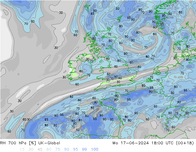 Humidité rel. 700 hPa UK-Global lun 17.06.2024 18 UTC