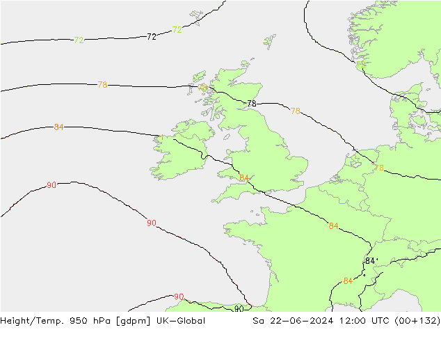 Height/Temp. 950 hPa UK-Global Sa 22.06.2024 12 UTC