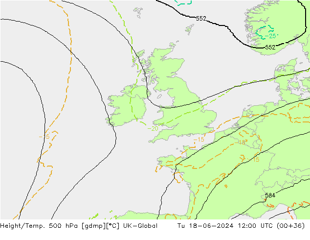 Height/Temp. 500 hPa UK-Global Tu 18.06.2024 12 UTC