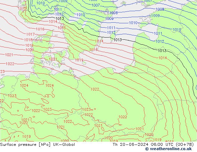 Atmosférický tlak UK-Global Čt 20.06.2024 06 UTC