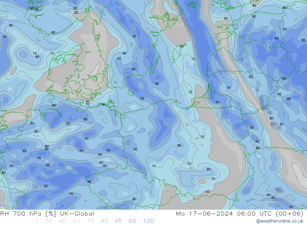 Humedad rel. 700hPa UK-Global lun 17.06.2024 06 UTC