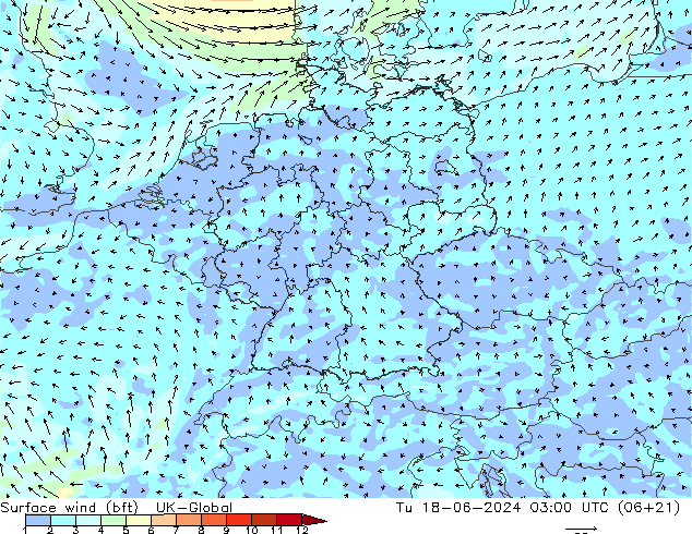 Wind 10 m (bft) UK-Global di 18.06.2024 03 UTC
