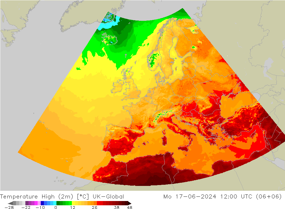 Temperature High (2m) UK-Global 星期一 17.06.2024 12 UTC