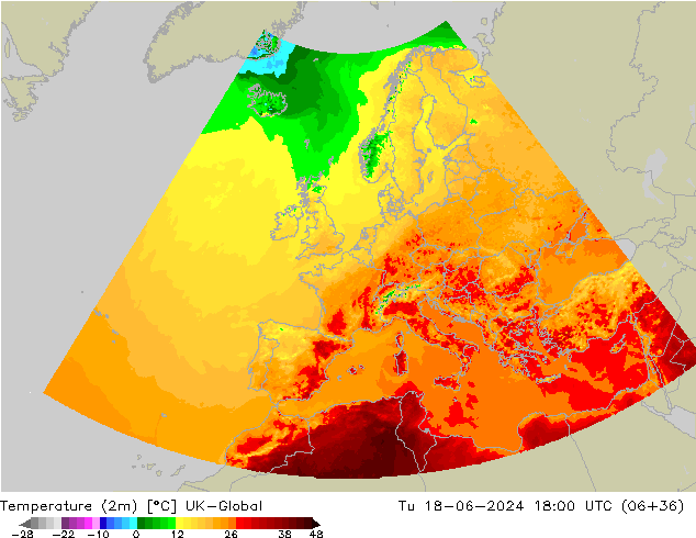 Temperature (2m) UK-Global Tu 18.06.2024 18 UTC