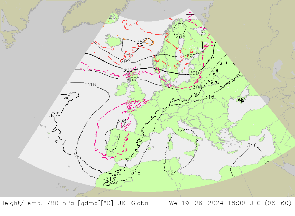 Height/Temp. 700 hPa UK-Global mer 19.06.2024 18 UTC