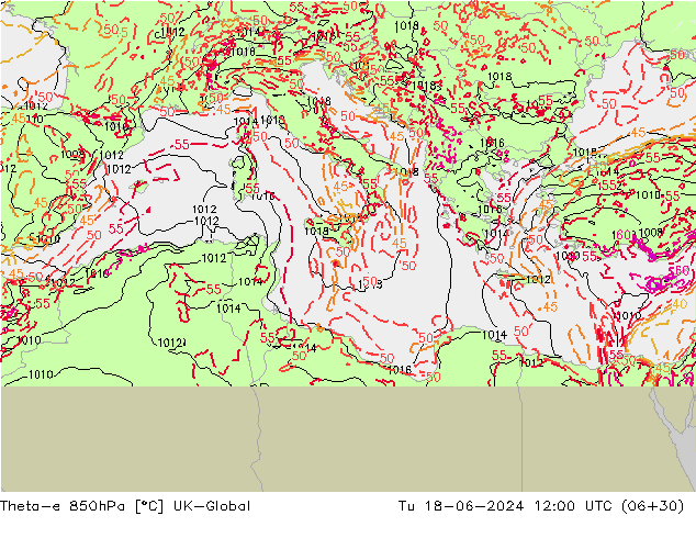 Theta-e 850hPa UK-Global Tu 18.06.2024 12 UTC