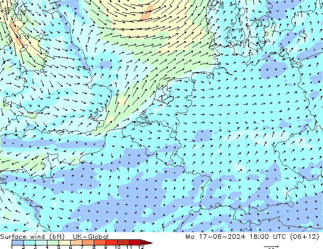 Surface wind (bft) UK-Global Mo 17.06.2024 18 UTC