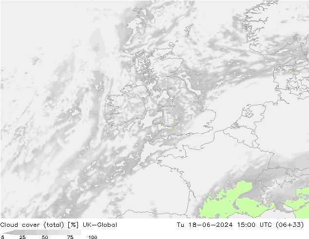 Cloud cover (total) UK-Global Út 18.06.2024 15 UTC