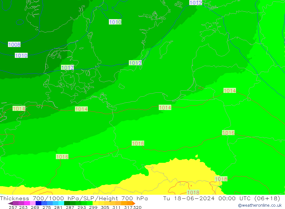Espesor 700-1000 hPa UK-Global mar 18.06.2024 00 UTC