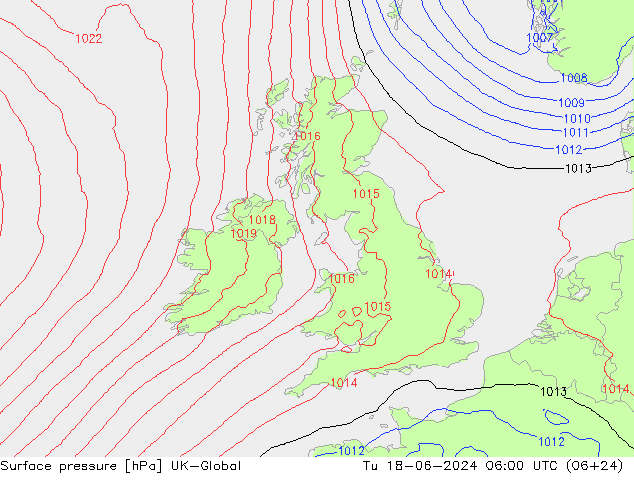 Atmosférický tlak UK-Global Út 18.06.2024 06 UTC