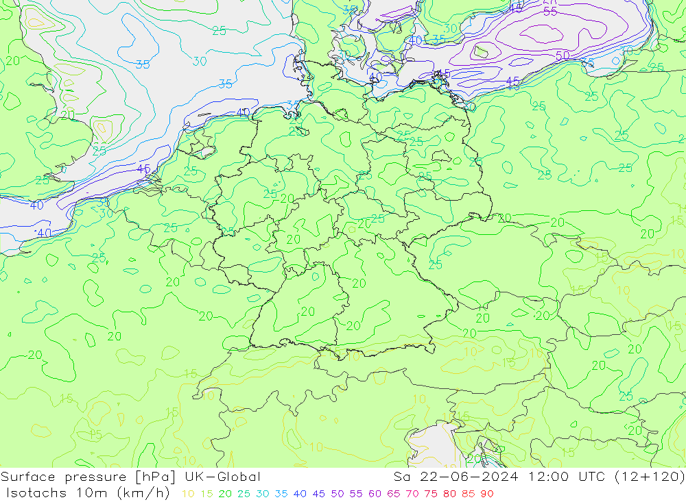Isotachen (km/h) UK-Global za 22.06.2024 12 UTC
