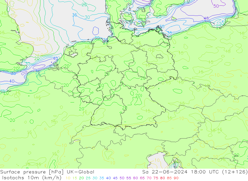 Isotachen (km/h) UK-Global Sa 22.06.2024 18 UTC