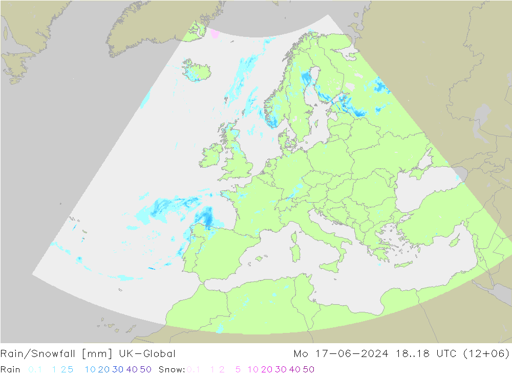 Rain/Snowfall UK-Global lun 17.06.2024 18 UTC