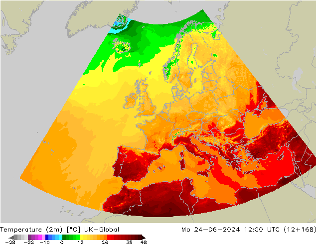 Temperature (2m) UK-Global Mo 24.06.2024 12 UTC
