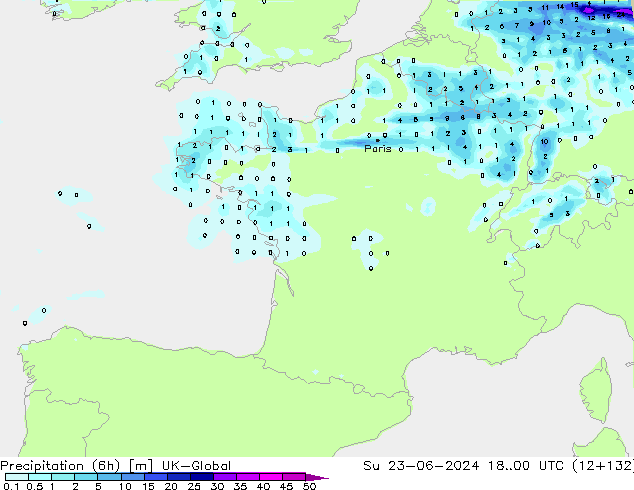 осадки (6h) UK-Global Вс 23.06.2024 00 UTC