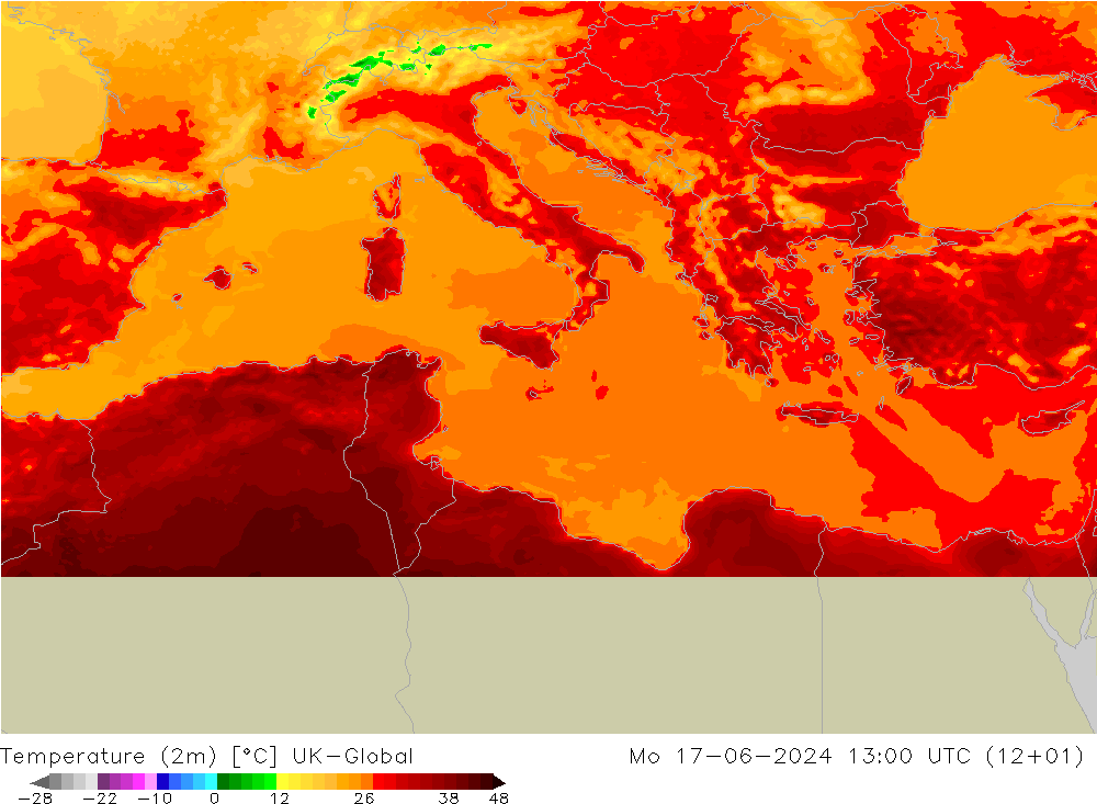 Temperature (2m) UK-Global Mo 17.06.2024 13 UTC