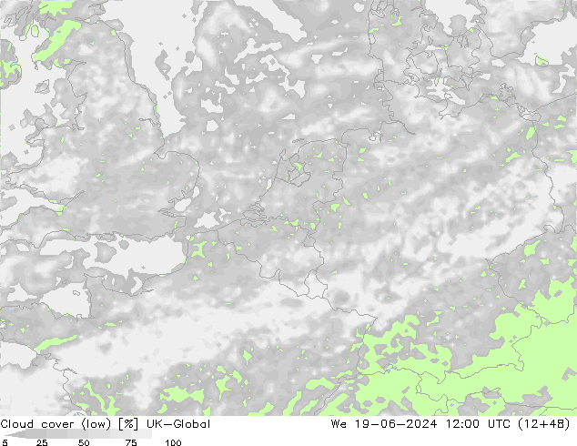 Cloud cover (low) UK-Global We 19.06.2024 12 UTC