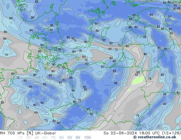 RH 700 hPa UK-Global Sáb 22.06.2024 18 UTC