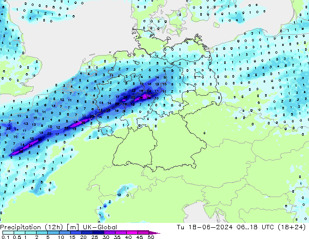 Precipitazione (12h) UK-Global mar 18.06.2024 18 UTC