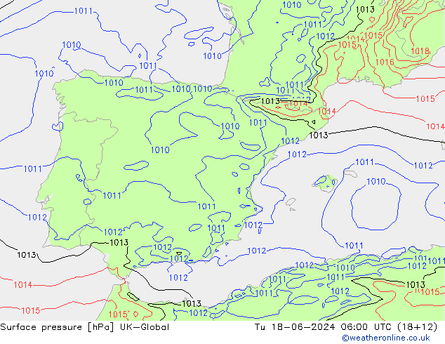 Surface pressure UK-Global Tu 18.06.2024 06 UTC