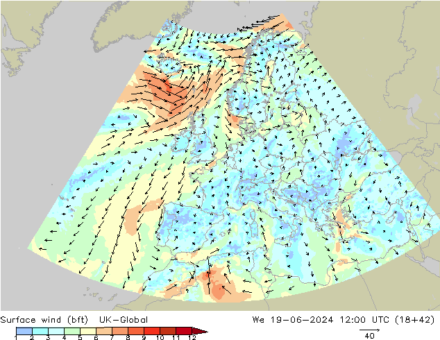 Surface wind (bft) UK-Global We 19.06.2024 12 UTC